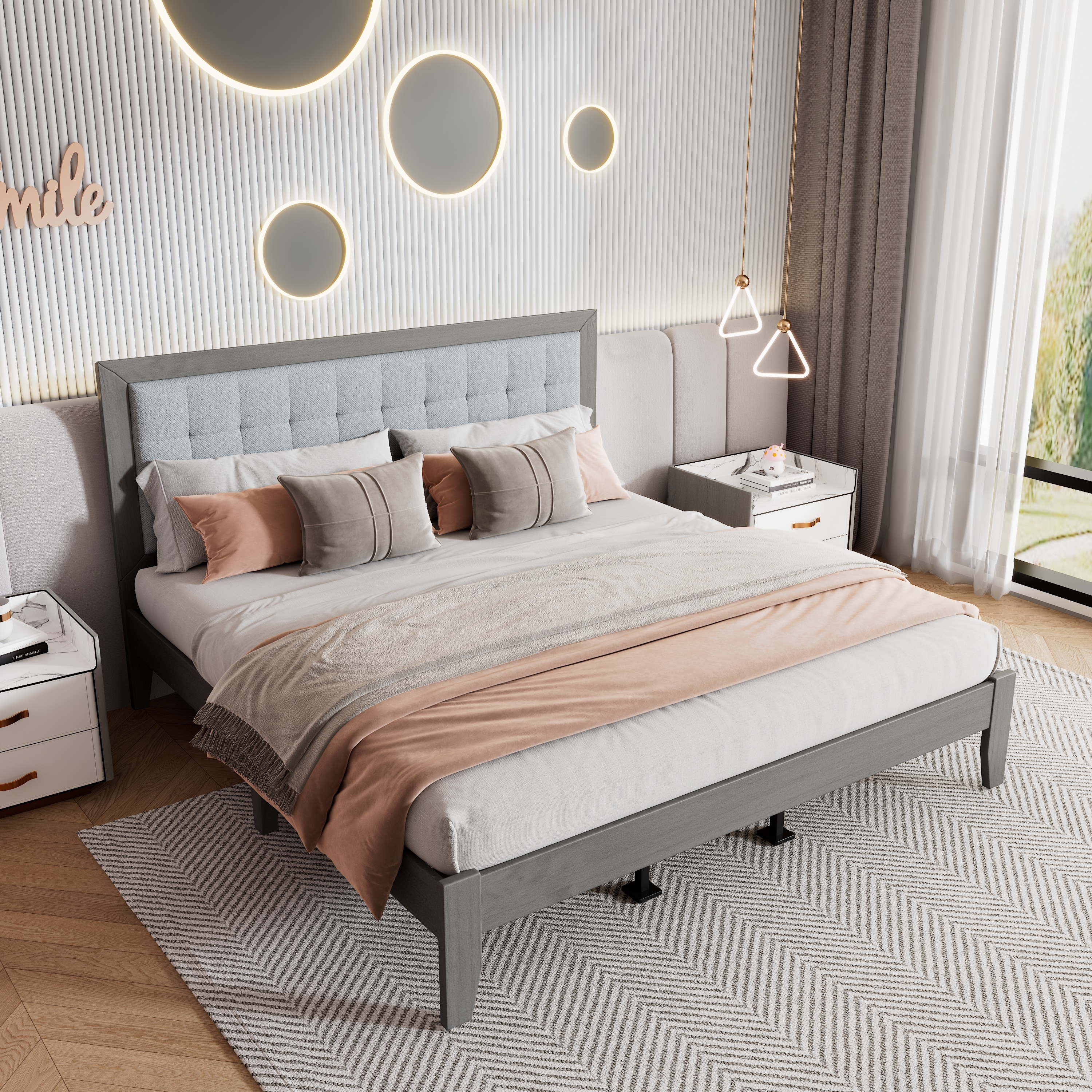 Roomfitters Mid-Century Solid Wood King Platform Bed Frame with Square Tufted Upholstered Headboard and Slats, Grey