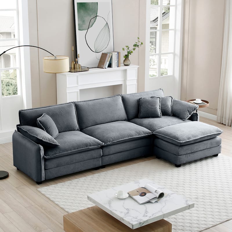 Modern L shaped Modular Sofa with Corduroy Upholstery and Memory Foam Cushions and 1 Footrest for Living Room or Guest Room - Grey