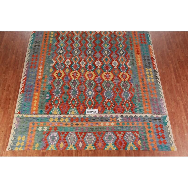 Geometric Kilim Oriental Large Rug Hand-Woven Bedroom Wool Carpet - 10'3"x 16'2"