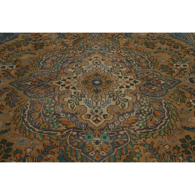 Hand Knotted Oriental 100% Wool Carpet Traditional Floral Brown Tabriz Area Rug - 11' 1'' X 8' 5''