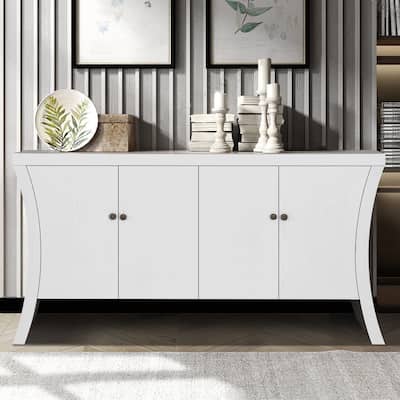4 Door Sideboard Cabinet with Wooden Arc Legs, Kitchen Buffet Cabinet with Bronze Clasps, Storage Cabinet with Shelves
