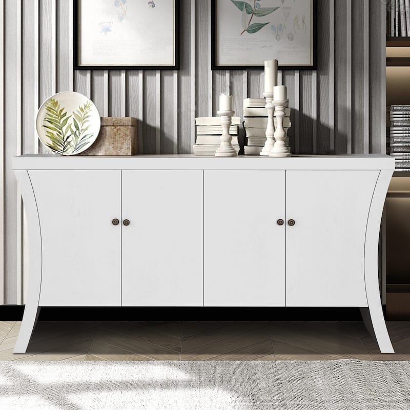GDFStudio - Industrial 4-Door Credenza with Wooden Arc Legs & Bronze Clasps, Solid Wood Storage Cabinet - White