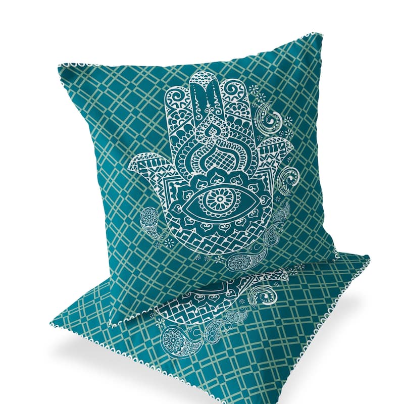 HomeRoots Set of Two 16" X 16" Green and White Blown Seam Hamsa Indoor Outdoor Throw Pillow - 16.00' X '16.00' X '5.00