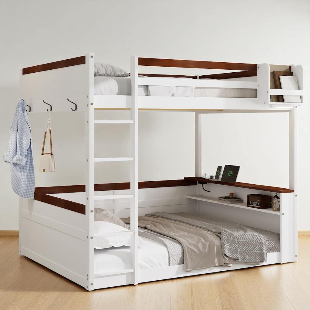 Wooden Queen Bunk Bed with Built-in Bookshelves, USB Port, LED Light, and Storage Box