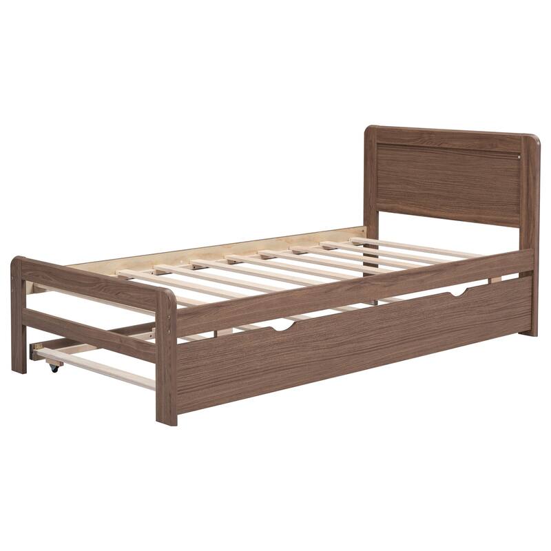 Modern Twin Size Wooden Platform Bed Frame with Trundle, Slats