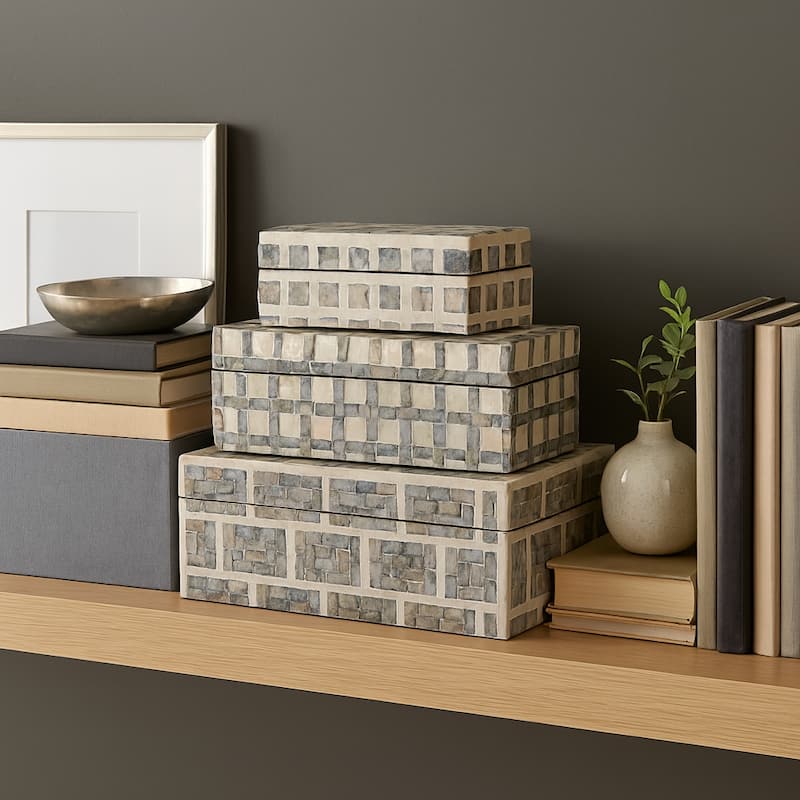 Decorative Storage Box with Geometric Pattern - Set of 3, 12",11",8" - 12.0" - Ivory - 12.0"