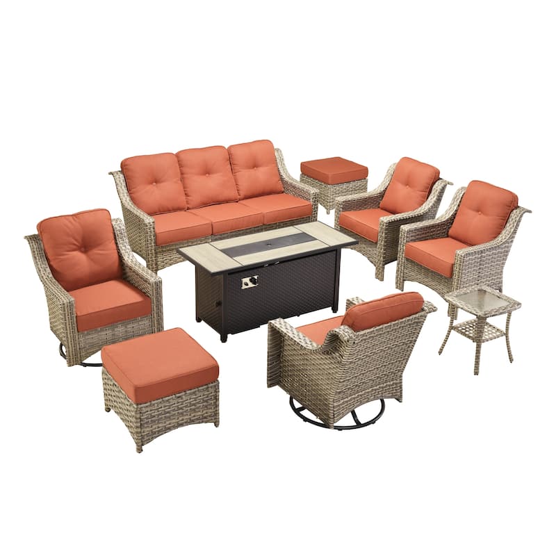 OVIOS 9 Pieces Outdoor Swivel Chairs Set with 54" Fire Table​