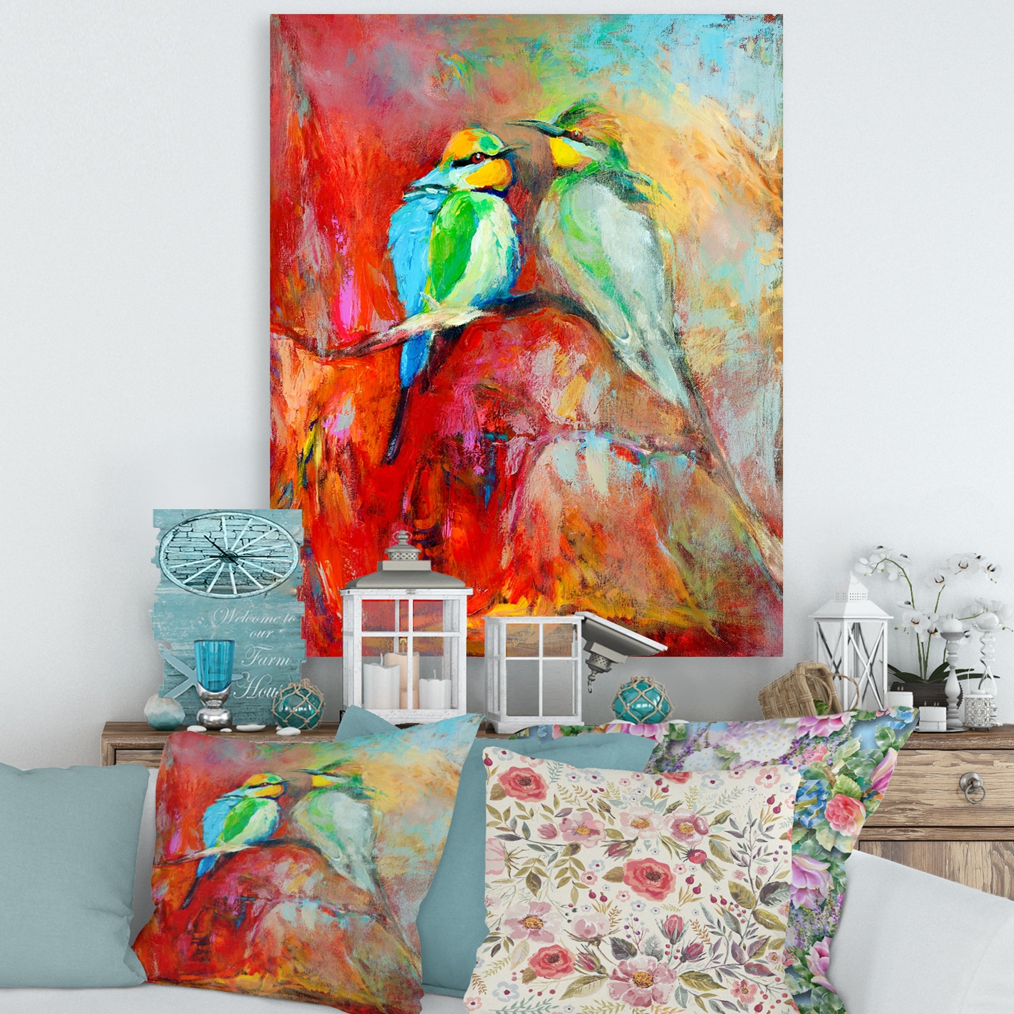 Designart 'Blue Tailed Bee Eaters On A Branch' Nautical & Coastal Canvas Wall Art Print