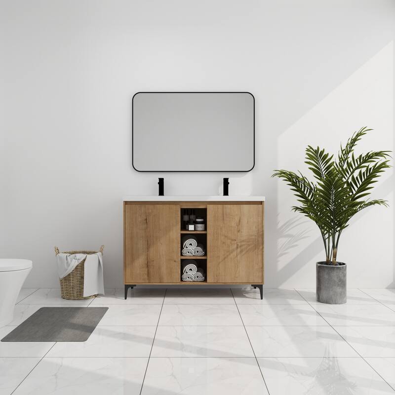 Freestanding Bathroom Vanity with Double Resin Sink, Soft-Closing Doors, Adjustable Shelves - 47.6in L Plywood - Imitative Oak