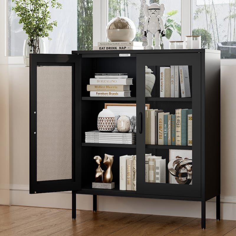 Metal Storage Cabinet with Mesh Doors and Shelves,Multipurpose Storage Rack,3-Tier Office Cabinet,Locker Style Accent Cabinet - Black