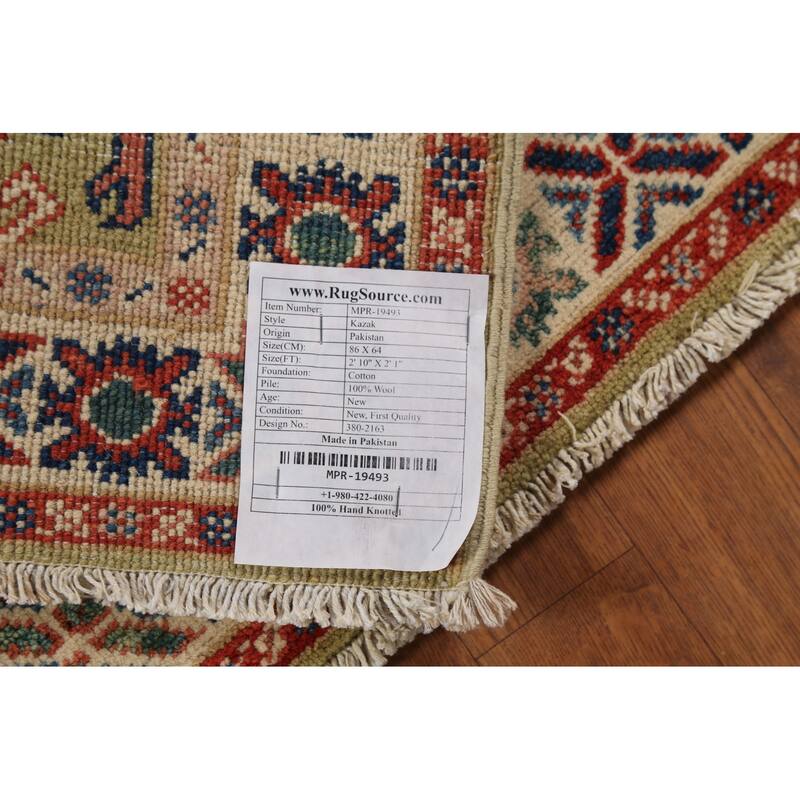 Pistachio Green Geometric Kazak Oriental Rug Hand-Knotted Wool Carpet - 2'1"x 2'10"