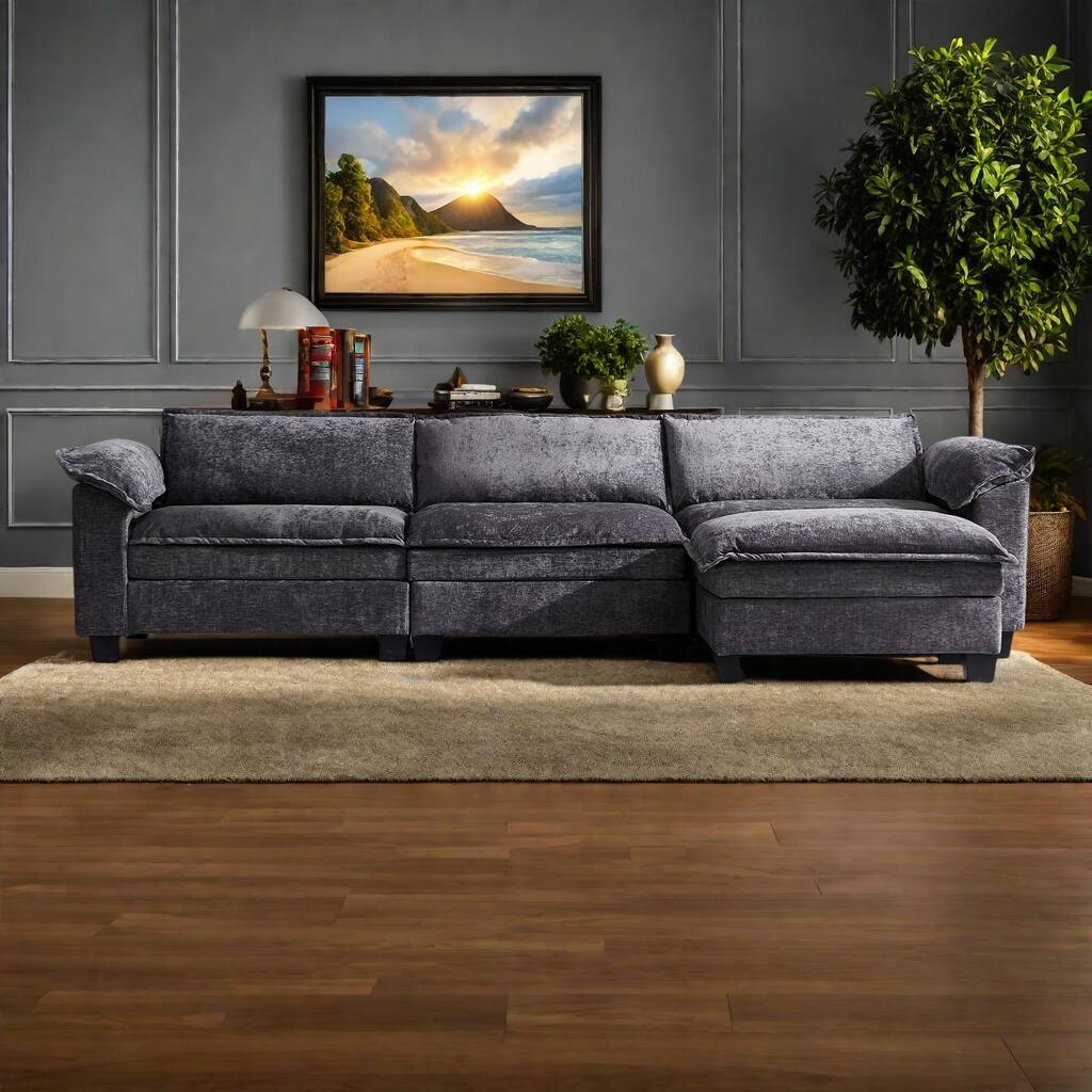 120" Chenille L-Shaped Modular Sectional Sofa with Ottoman, 3 Deep-Seat Fluffy Cloud Design, Modern Sleeper Sofa Set