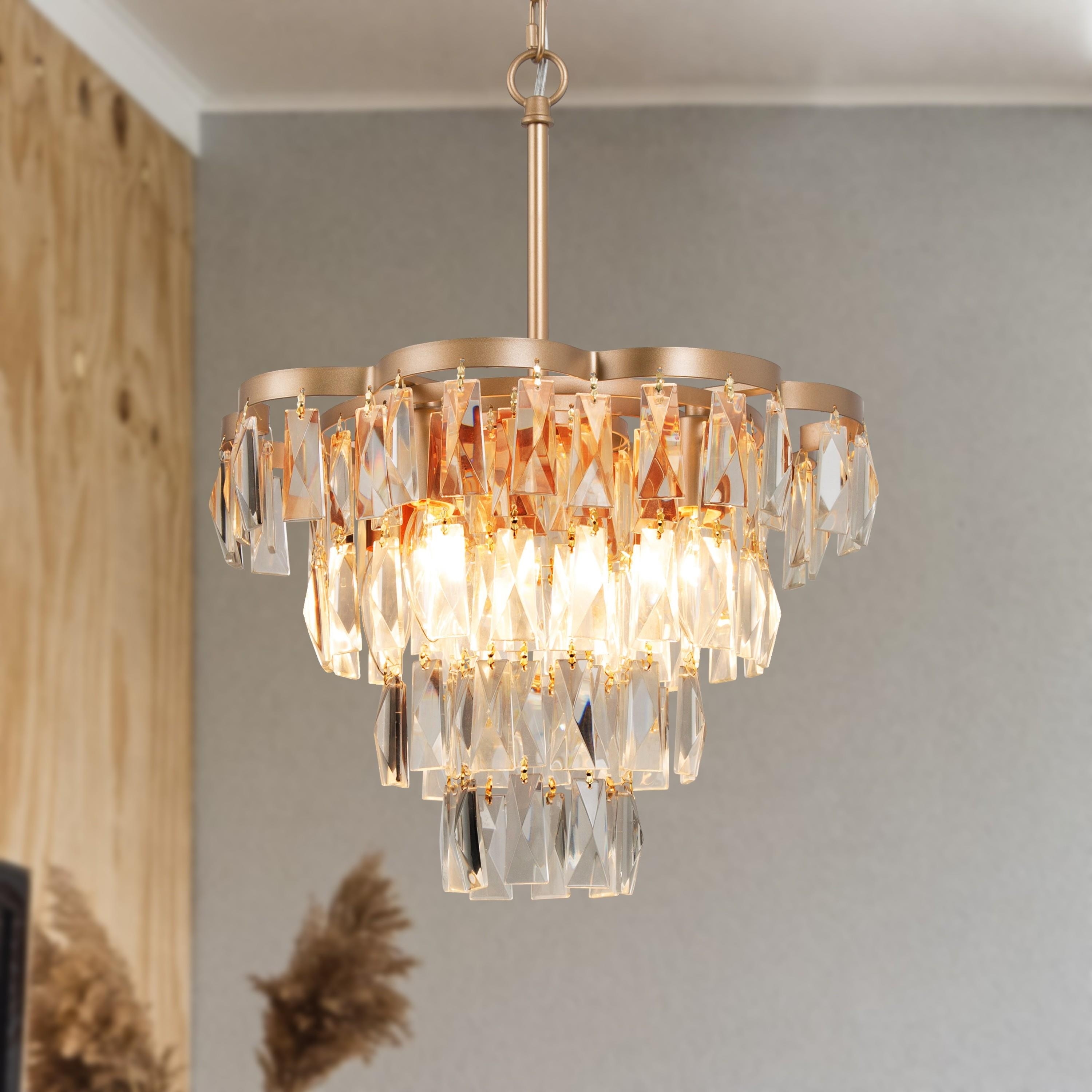 Modern Glam Gold Tiered Crystal Chandelier Transitional Drum Foyer Pendant for Dining Room 14.1 inches On Sale Bed Bath Beyond 35352479