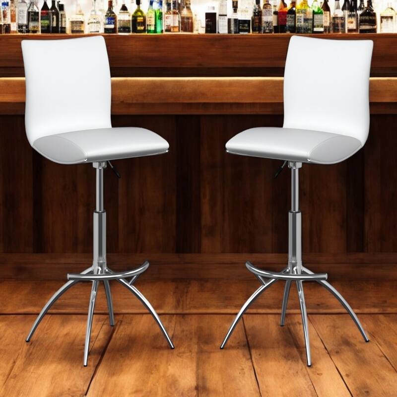Set of 2 Contemporary Bar Stools with Faux Leather Saddle Seats and Adjustable Metal Base - 39”H x 17”W x 15”D - White-Silver