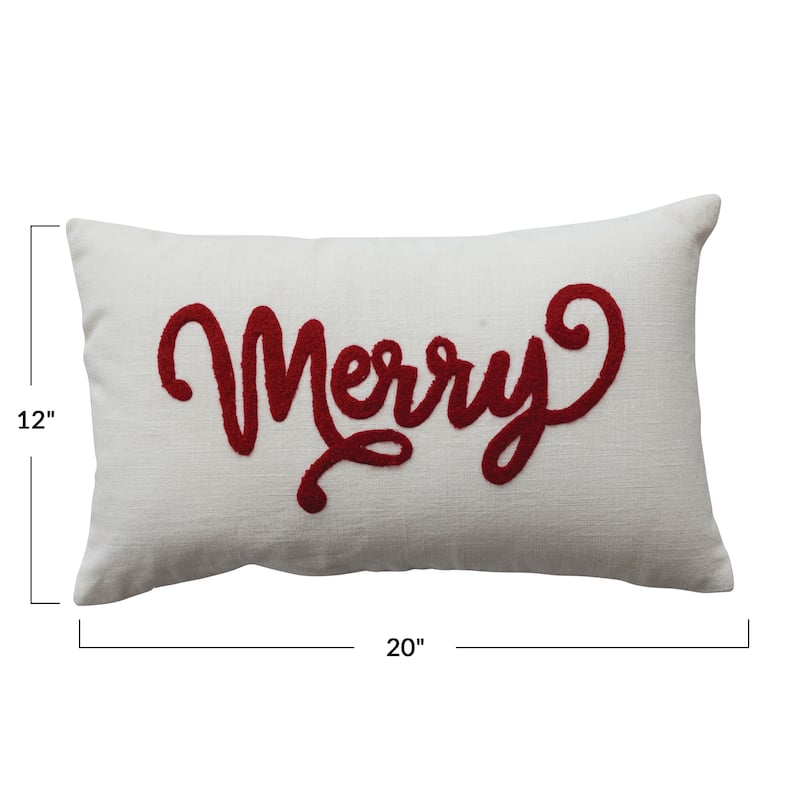 Cotton Slub Lumbar Pillow with Embroidered "Merry"