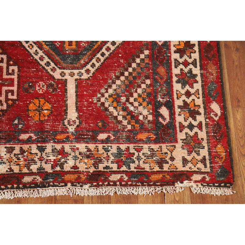 Red Geometric Distressed Bakhtiari Persian Vintage Wool Carpet - 5'0"x 10'1"
