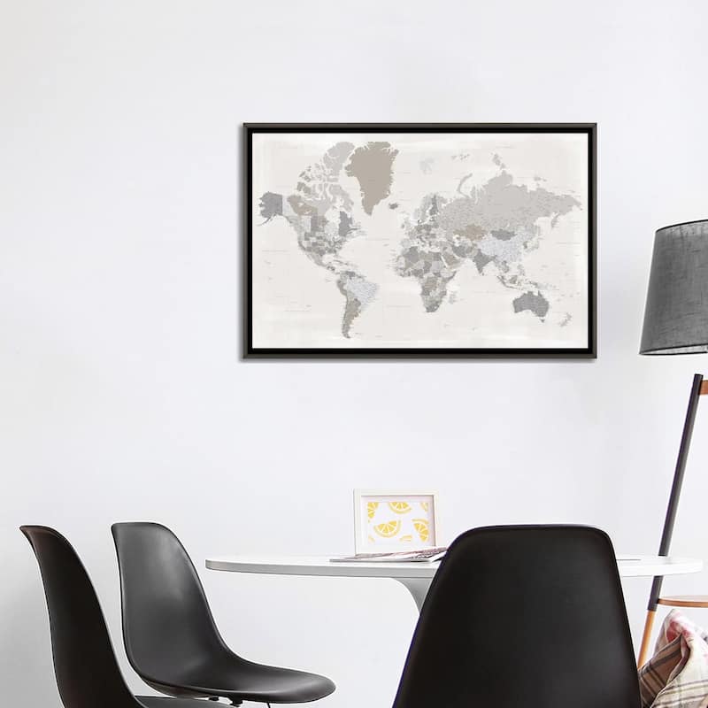 iCanvas "Highly Detailed World Map In Taupe, Donah" by blursbyai Framed