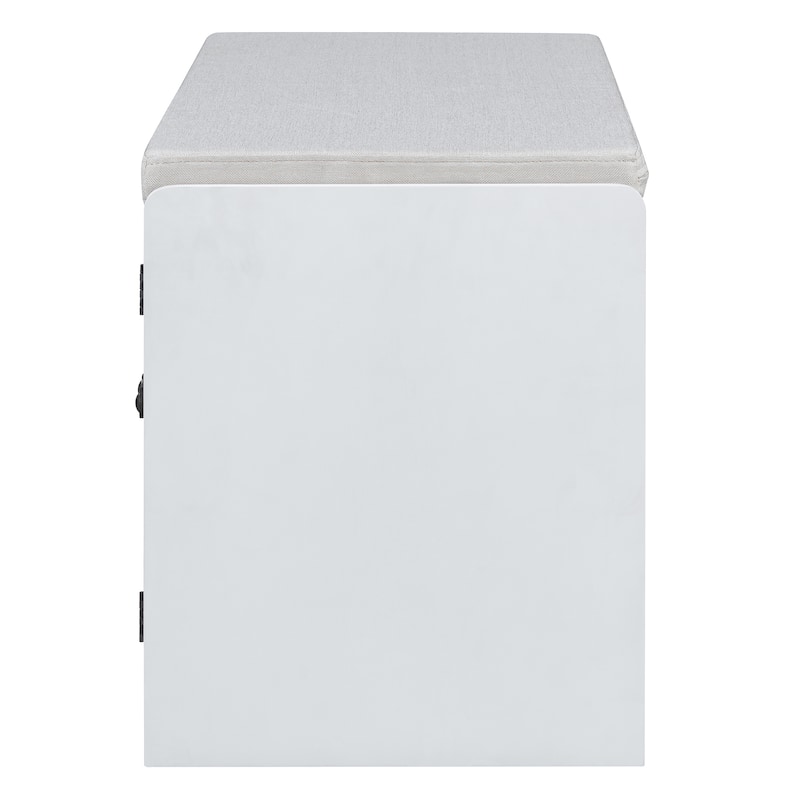 Rustic Storage Bench Multifunctional Wood Entryway Shoe Bench with Removable Cushion, Woven Rattan Doors & Adjustable Shelves