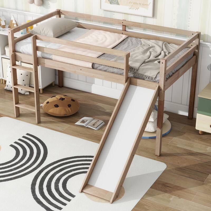 White Oak Twin Low Loft Bed with Slide, Ladder & Safety Rails - Rubber Wood Kids Bunk Bed