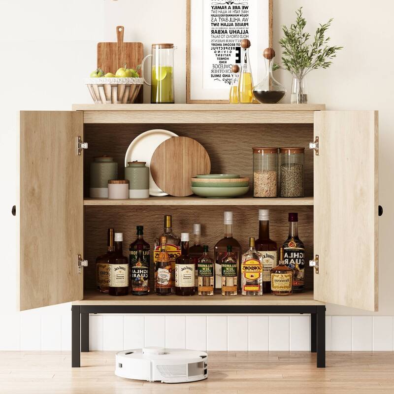 Beige Rattan Storage Cabinet with Doors and Shelves - Black