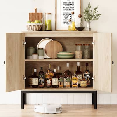 Beige Rattan Storage Cabinet with Doors and Shelves
