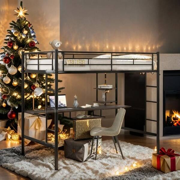 slide 2 of 14, Full Size Loft Bed with Desk and Shelf, Space Saving Design, Black Black