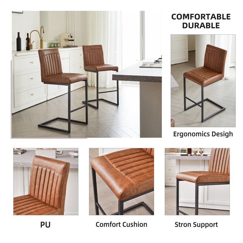 Set of 2 Bar Stool - 26-Inch Counter Height, Vertical Tufted Backrest, Sturdy Black Metal Frame with Footrest