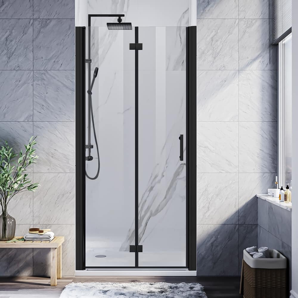 Elegant Bi-Fold Frameless Pivot Swing Shower Door Enclosure with Clear Glass Panel and Hardware Kit Reversible Installation