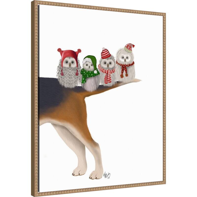 Christmas Bummer Owls by Fab Funky (23 x 28 in.), Framed Canvas Wall Art Print - Sylvie Beaded Rustic Natural