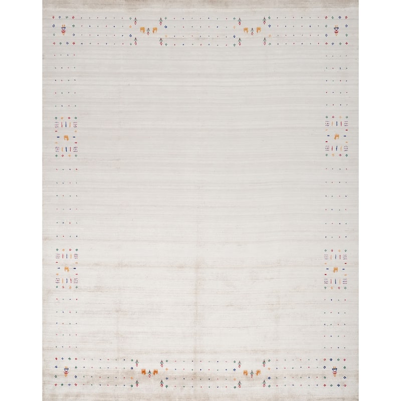 Hand Knotted Oriental Viscose Silk Carpet Tribal Animal Pictorial Beige & Ivories Gabbeh Area Rug - 9' 9'' X 9' 11''