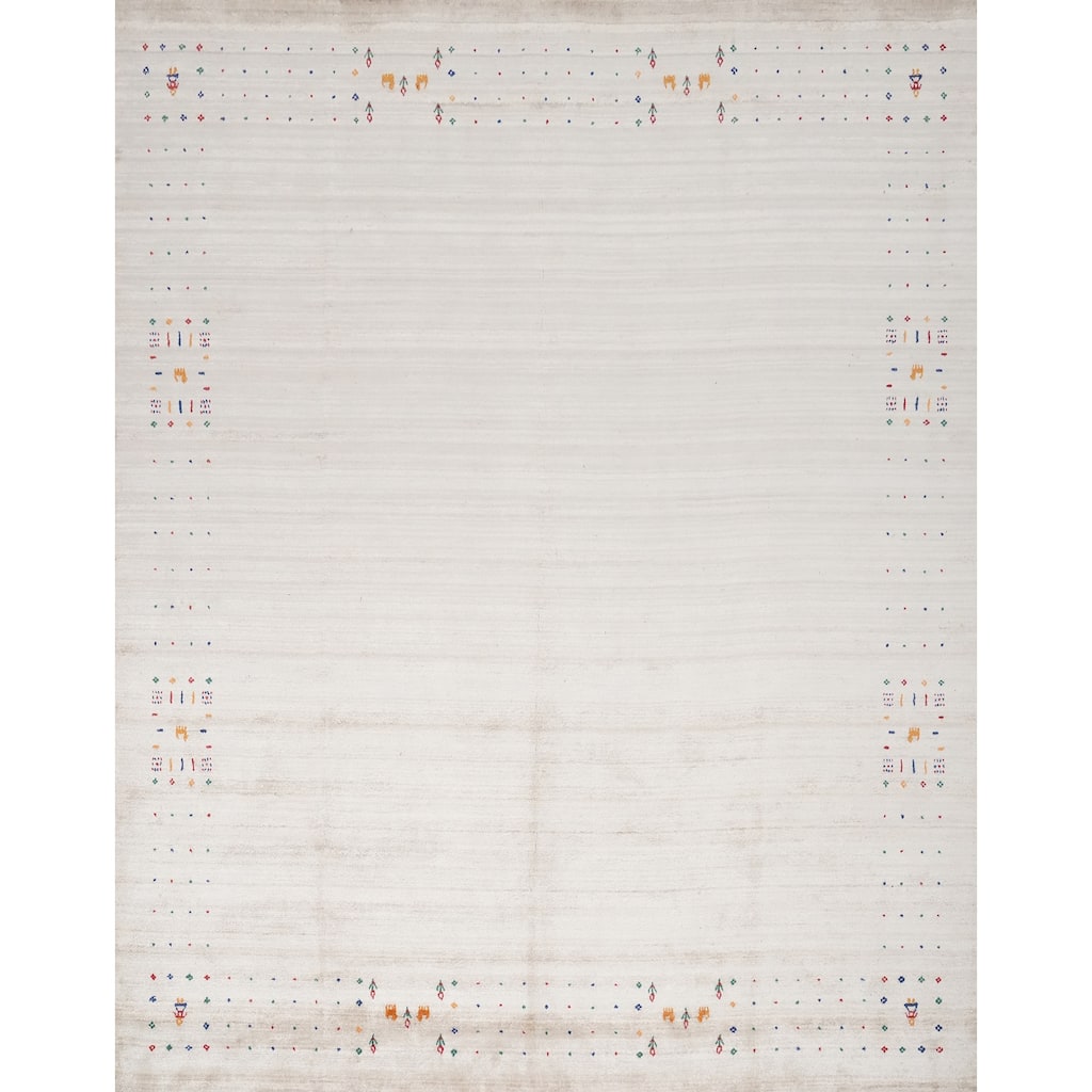 Hand Knotted Oriental Viscose Silk Carpet Tribal Animal Pictorial Beige & Ivories Gabbeh Area Rug - 9' 9'' X 9' 11''