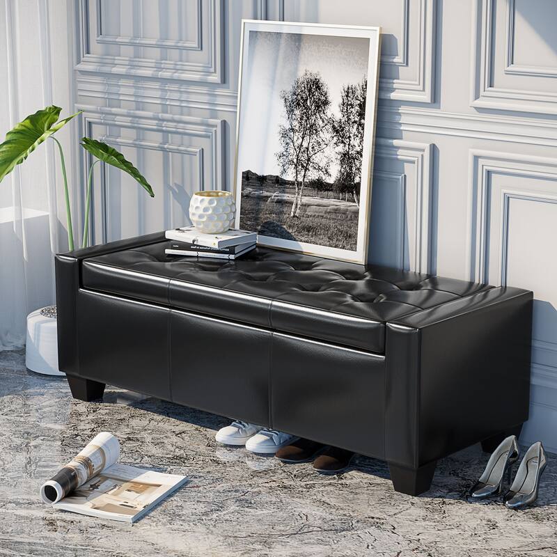 Faux Leather Storage Ottoman Bench with Soft Foam Seat and Hidden Storage for Living Room - 50.5" L x 19.75" W x 17.75" H