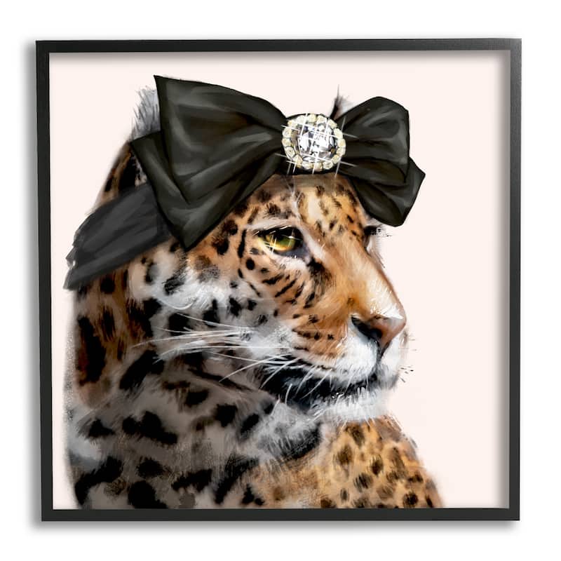 Stupell Glam Leopard Fancy Hair Bow Safari Animal Fashion Framed Wall Art - Orange - 17 x 17 - Black