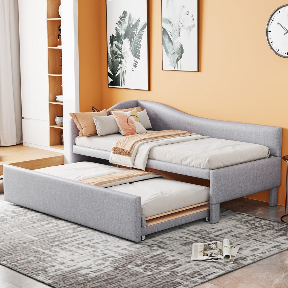 L-Shaped Backrest Platform Bed, Twin to King Extendable Daybed, Linen Upholstered Low Profile Panel Bed with Pop Up Trundle