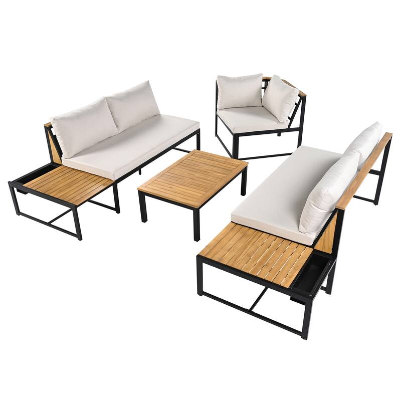 Furniture Set with Loveseats, 4 Pieces Outdoor Sofa Set with Waterproof Cushions, Patio Furniture with Durable Iron-Wood Design
