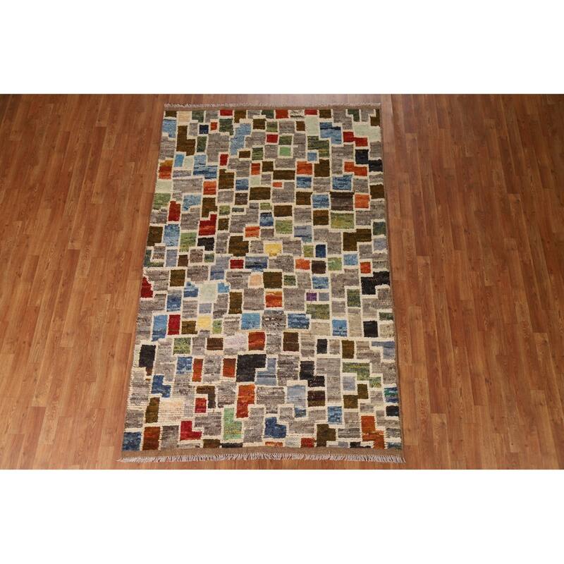 Hand Knotted Oriental 100% Wool Carpet Modern All-Over Greys & Charcoal Moroccan Area Rug - 8' 1'' X 5' 2''