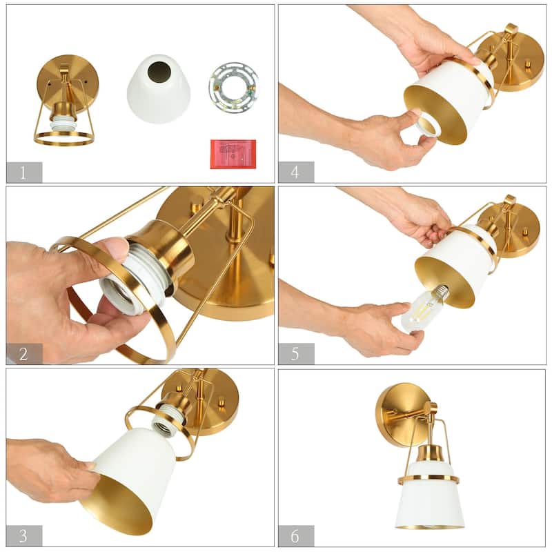 Mid-century Modern Glam White 1-Light Brass Gold Bathroom Vanity Lights with Cone Metal Shade - L 4.7"* D 5.7"* H 11"
