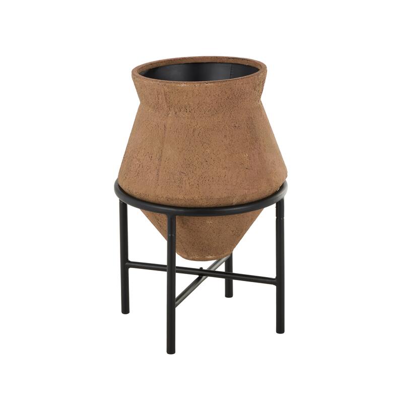 Metal Wide Vase with Black Metal Stands - Beige or Brown - Roche River Decor