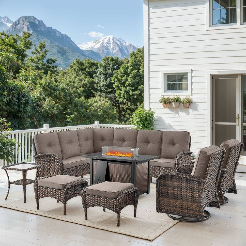 Fire Pit Table with Sectional Sofa Swivel Chairs Ottomans