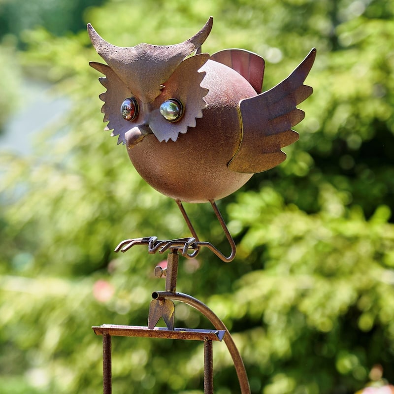 Rusty Animal Garden Swing Stakes with Glass Balls - Brown Owl - Iron - Large