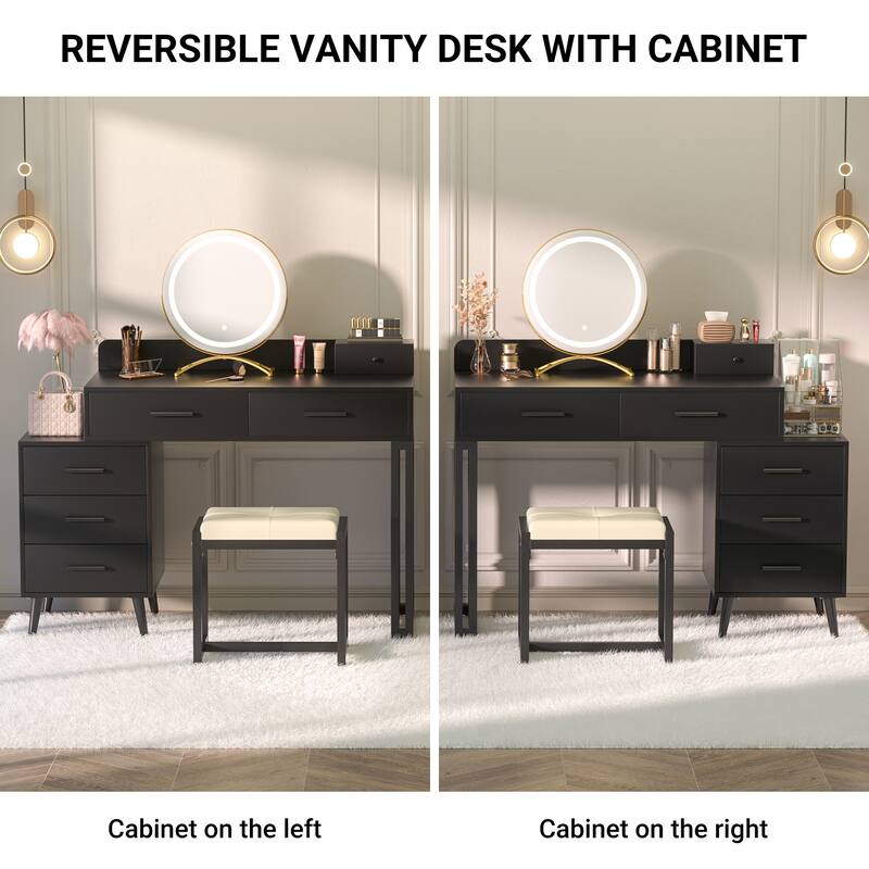 Makeup Vanity Desk with Stool and LED Mirror, Modern Makeup Table Vanity Desk with 6 Storage Drawers