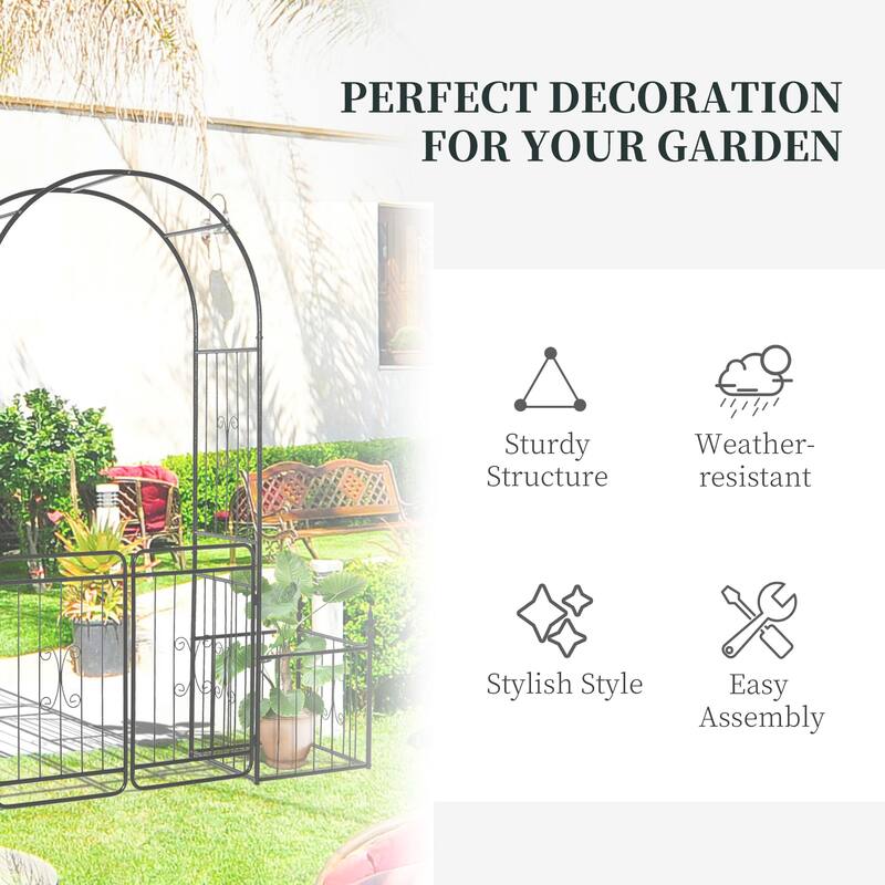 Outsunny 7.2' Metal Garden Arbor Arch Gate with 2 Side Planter Boxes, Climbing Vine Frame, & Double Door Design