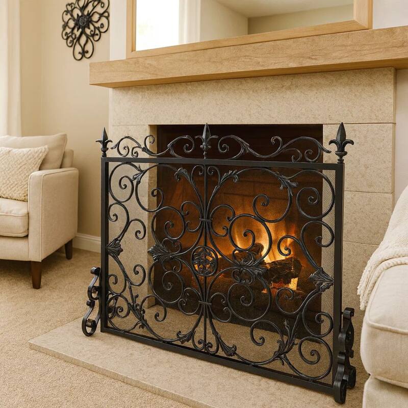 Fireplace Screen, 45 Inch Scroll Design with Mesh, Black Silver Iron