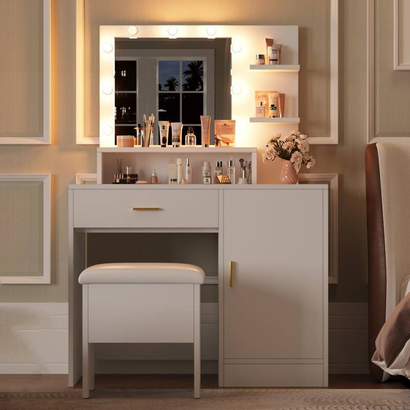 Vanity Desk with Mirror and 9 LED Lights,Drawers, Shelves, Cabinet, Stool