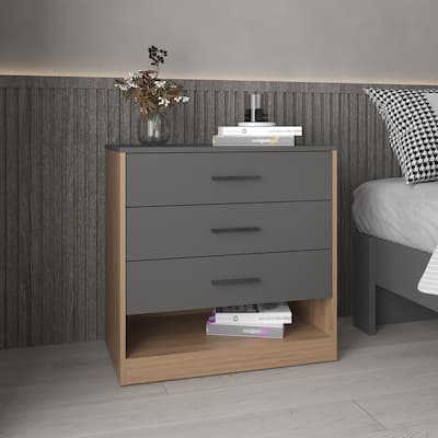 27" High Three Drawer Dresser And Open Shelf,Bedroom,Entryway,Side Board,Matte Gray-Natural Oak