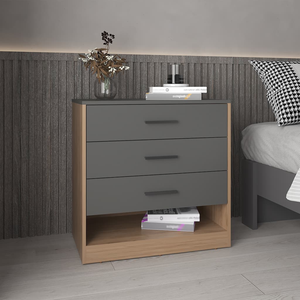 27" High Three Drawer Dresser And Open Shelf,Bedroom,Entryway,Side Board,Matte Gray-Natural Oak
