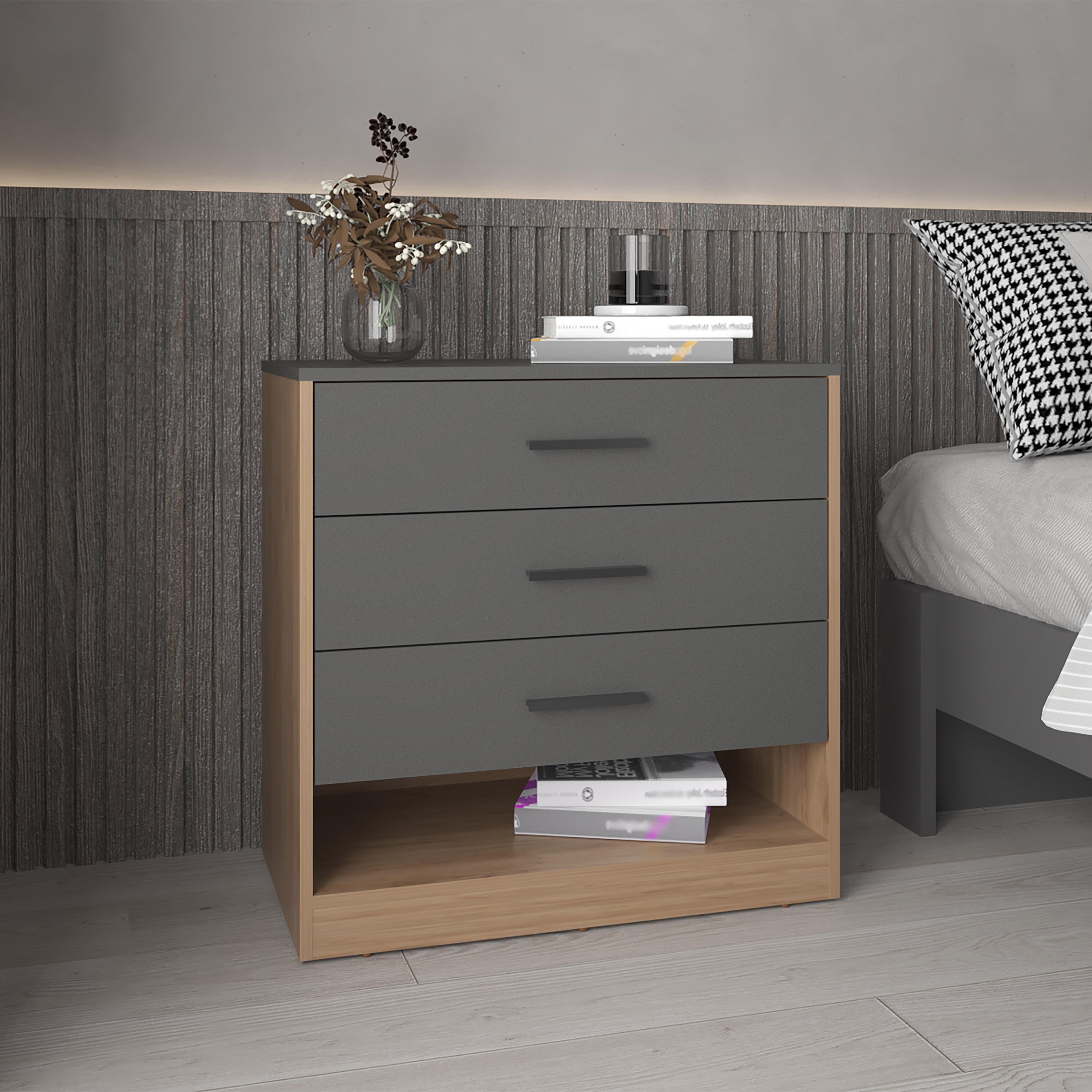 27" High Three Drawer Dresser And Open Shelf,Bedroom,Entryway,Side Board,Matte Gray-Natural Oak