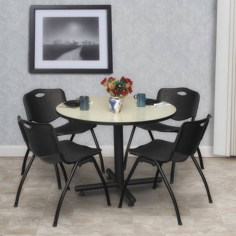 36" Round Breakroom Table- Maple & 4 'M' Stack Chairs- Black - 36