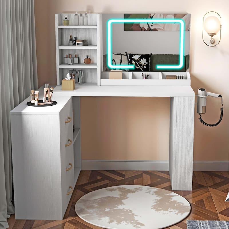 Moasis L-Shape Makeup Vanity Desk with Mirror and Lights & Charging Station