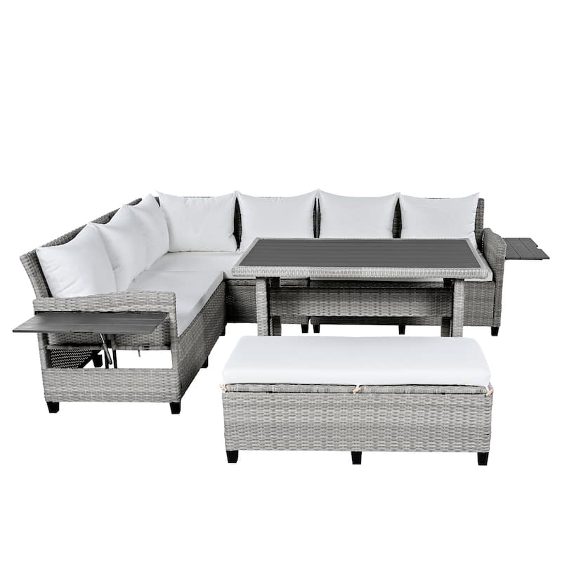 Roomfitters 5-Piece Outdoor Rattan Sofa Set, Patio Sectional Furniture with Dining Table, Storage Bench, Side Trays